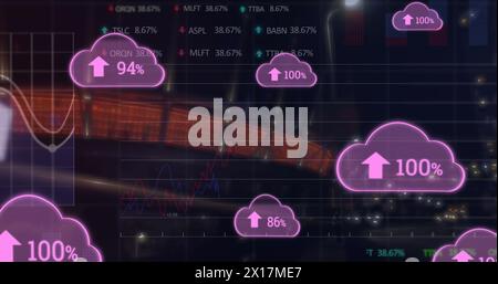 Bild von Cloud-Symbolen mit Zahlen und Datenverarbeitung über Stadion Stockfoto