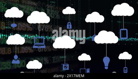 Bild von Cloud-Symbolen und Datenverarbeitung über der Börse auf schwarzem Hintergrund Stockfoto