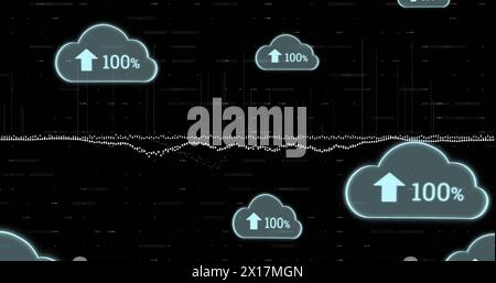 Bild von Cloud-Symbolen und Datenverarbeitung auf schwarzem Hintergrund Stockfoto