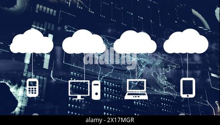 Bild von Cloud-Symbolen und Datenverarbeitung über Weltkarte auf schwarzem Hintergrund Stockfoto