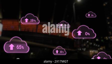 Bild von Cloud-Symbolen mit Zahlen und Datenverarbeitung über Stadion Stockfoto