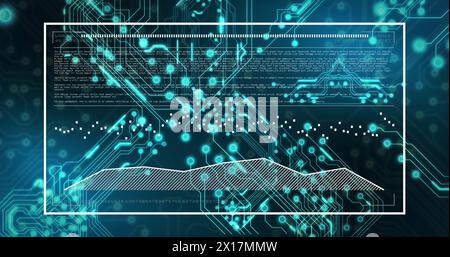 Abbildung des Bildschirms mit Computersprache und Diagrammen über dem Muster der elektronischen Leiterplatte Stockfoto
