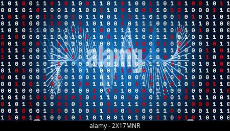 Bild der Datenverarbeitung über Formen auf blauem Hintergrund Stockfoto