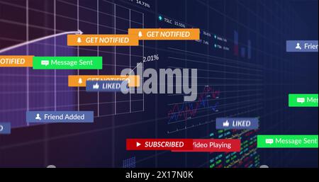 Abbildung von Benachrichtigungsbalken, Diagrammen und Handelsplattformen auf schwarzem Hintergrund Stockfoto