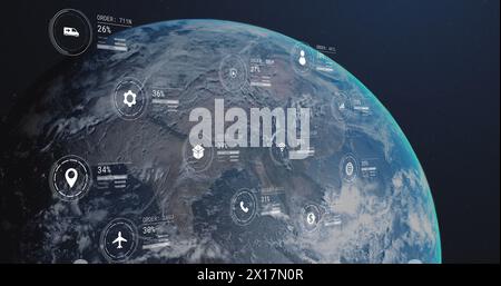 Bild von Symbolen mit Datenverarbeitung über den Globus Stockfoto