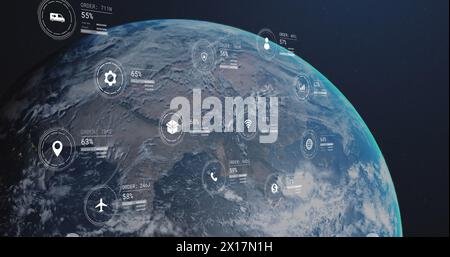 Bild von Symbolen mit Datenverarbeitung über den Globus Stockfoto