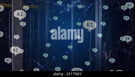 Bild von KI-Gehirnen und Kommunikationsnetzwerken über dunklem Computerserverraum Stockfoto
