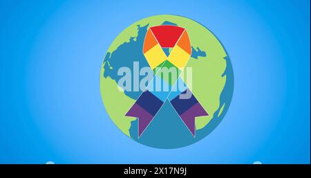 Bild des Globus mit Regenbogenband auf blauem Hintergrund Stockfoto