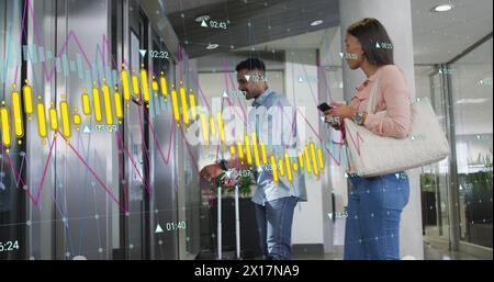 Abbildung mehrerer Diagramme mit wechselnden Zahlen über verschiedene Personen, die auf den Aufzug warten Stockfoto