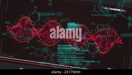 Bild des dna-Strangs, der sich über chemischen Strukturen und Datenverarbeitung dreht Stockfoto