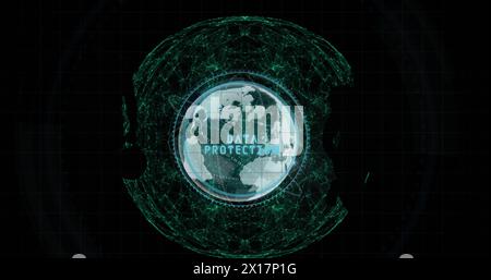 Abbildung: Text zum Datenschutz und Fingerabdruckscanner über der Globus und dem Netzwerk von Verbindungen Stockfoto