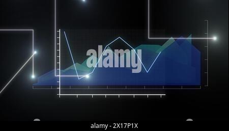 Bild von Lichtspuren über der Datenverarbeitung auf schwarzem Hintergrund Stockfoto