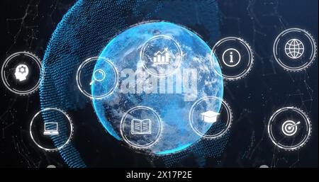 Bild von digitalen Symbolen und Netzwerk von Verbindungen über sich drehende Globus vor blauem Hintergrund Stockfoto