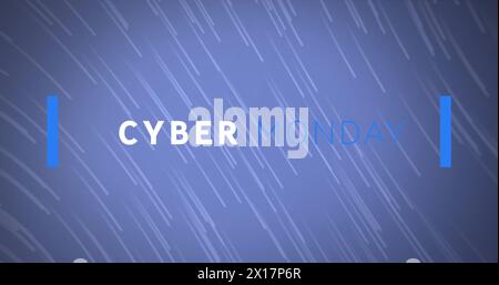 Bild: Cyber monday Textbanner über Lichtspuren, die vor blauem Hintergrund fallen Stockfoto