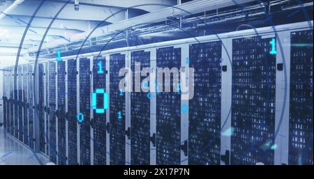 Abbildung: Schleife von Binärcodes in einem runden Tunnel über Balken auf Server-Racks im Serverraum Stockfoto