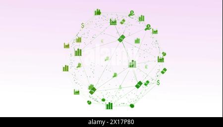 Bild eines Netzwerks digitaler Symbole über sich drehender Globus vor rosafarbenem Hintergrund Stockfoto