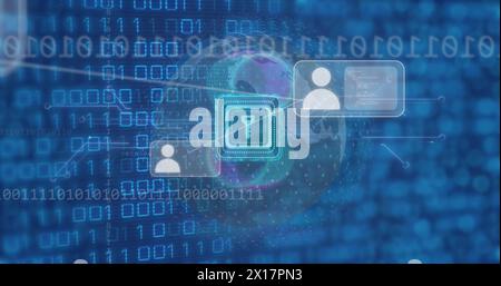 Abbildung: Vorhängeschloss-Symbol über Datenverarbeitung mit binärer Codierung Stockfoto