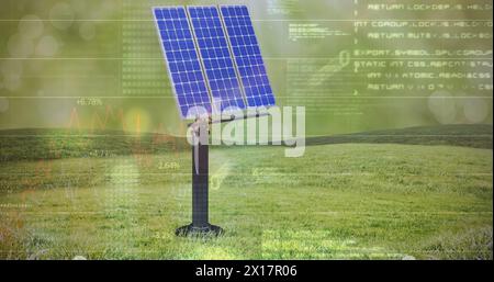 Bild von Computerdaten und Diagramm über Sonnenkollektor und grüner Landschaft Stockfoto