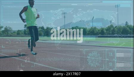 Bild der Datenverarbeitung über deaktivierten afroamerikanischen männlichen Läufern Stockfoto
