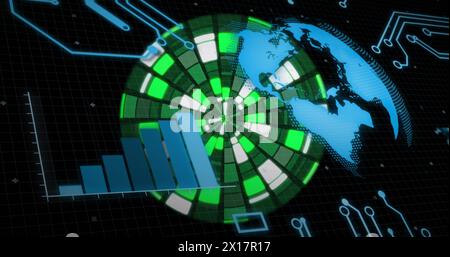 Bild des Globus mit Datenverarbeitung über leuchtenden Formen auf schwarzem Hintergrund Stockfoto