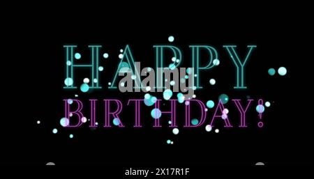 Bild von Happy Birthday Text über fallenden Symbolen auf dunklem Hintergrund Stockfoto