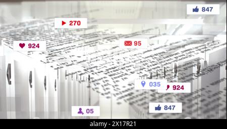 Bild von Symbolen und Zahlen für soziale Medien und Datenverarbeitung über Computerserver Stockfoto