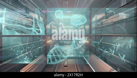 Bild der dna-, Gehirn- und medizinischen Datenverarbeitung auf Schnittstellenbildschirmen Stockfoto