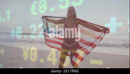 Bild der Finanzdatenverarbeitung über Frau am Strand Stockfoto