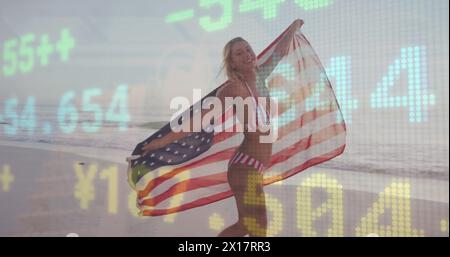 Bild der Finanzdatenverarbeitung über Frau am Strand Stockfoto