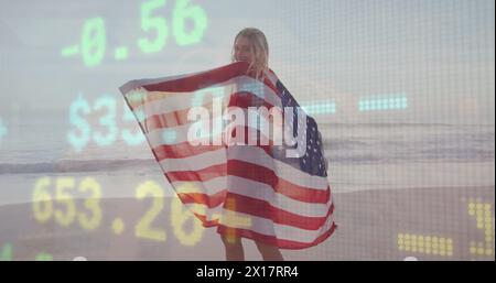 Bild der Finanzdatenverarbeitung über Frau am Strand Stockfoto