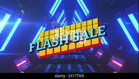 Bild des Flash-Verkaufstextes über blauen Quadraten auf Neonhintergrund Stockfoto