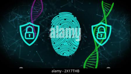 Symbole für biometrische Scanner und Sicherheitsvorhängeschlösser gegen dna-Strukturen und Netzwerk von Verbindungen Stockfoto