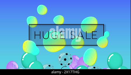 Bild eines riesigen Verkaufstextes über Blobs und Ballons auf blauem Hintergrund Stockfoto