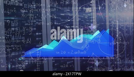 Abbildung von Statistiken, mathematischen Gleichungen und Datenverarbeitung über Computerserver Stockfoto