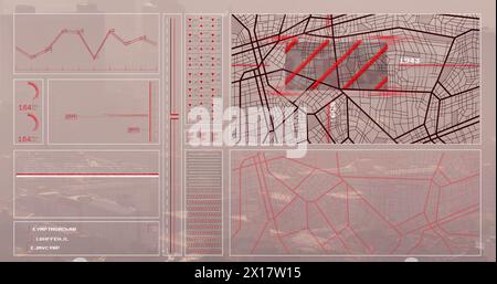 Bild von Grafik, Ladekreisen, Balken, Navigationsmuster und Computersprache über der modernen Stadt Stockfoto