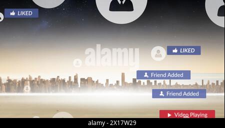 Bild der Benachrichtigungs- und Profilsymbole, die sich über Fluss und Gebäude in der Stadt bewegen Stockfoto