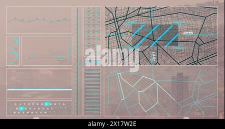 Bild von Grafik, Ladekreisen, Balken, Navigationsmuster und Computersprache über der modernen Stadt Stockfoto