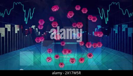 Abbildung des Netzwerks von Verbindungen mit violetten sechseckigen Symbolen über Diagrammen auf blauem Hintergrund Stockfoto