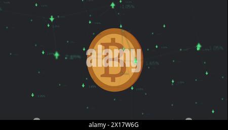 Bild von Bitcoin über Verarbeitung von Finanzdaten auf schwarzem Hintergrund Stockfoto