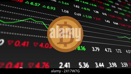 Bild von Bitcoin über Diagrammen und Börse auf schwarzem Hintergrund Stockfoto