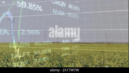 Abbildung von Diagrammen und Datenverarbeitung über Feld mit Windturbinen Stockfoto