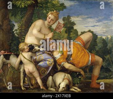 Venus und Adonis ist ein Gemälde des italienischen späten manieristischen Künstlers Paolo Veronese, das Anfang der 1580er Jahre im Museo del Prado in Madrid ausgeführt wurde. Stockfoto