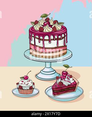 Süßer bento-Kuchen mit Kirsche und Himbeere. Romantisches Dessert. Zum Valentinstag und zum Jubiläum Gebäck. Liebe Sticker für Karte, Poster, Collage Stock Vektor