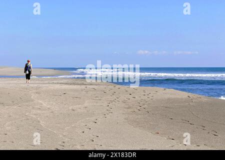 Strand in der Nähe von Poneloya, Las Penitas, Leon, Nicaragua, Mittelamerika, eine Person läuft allein an einem breiten Strand, Mittelamerika Stockfoto