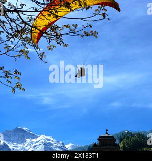 Tandem-Gleitschirmflieger, die im Höhematte Park Interlaken in der Schweiz landen Stockfoto