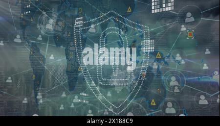 Abbildung: Symbol für Sicherheitsvorhängeschloss und Datenverarbeitung über weltweitem und Netzwerk von Profilsymbolen Stockfoto