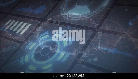 Abbildung des Netzwerks von Verbindungen mit Symbolen und Datenverarbeitung Stockfoto