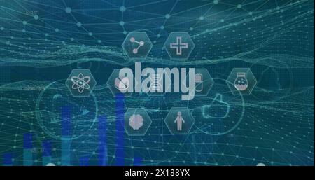 Abbildung des Netzwerks von Verbindungen mit Personensymbolen über Datenverarbeitung mit binärer Codierung Stockfoto