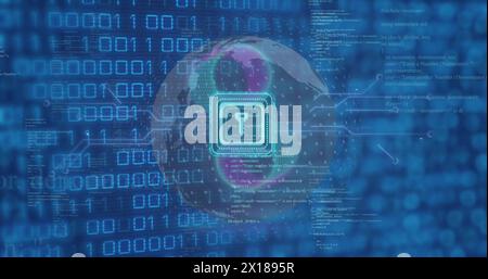 Abbildung: Vorhängeschloss-Symbol über Datenverarbeitung mit binärer Codierung Stockfoto