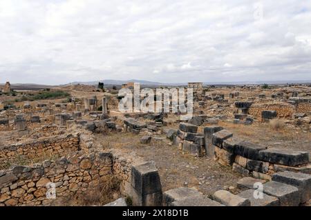 Archäologische Ausgrabung der antiken römischen Stadt Volubilis, UNESCO-Weltkulturerbe, umfangreiche archäologische Ruinen mit Blick bis zum Stockfoto